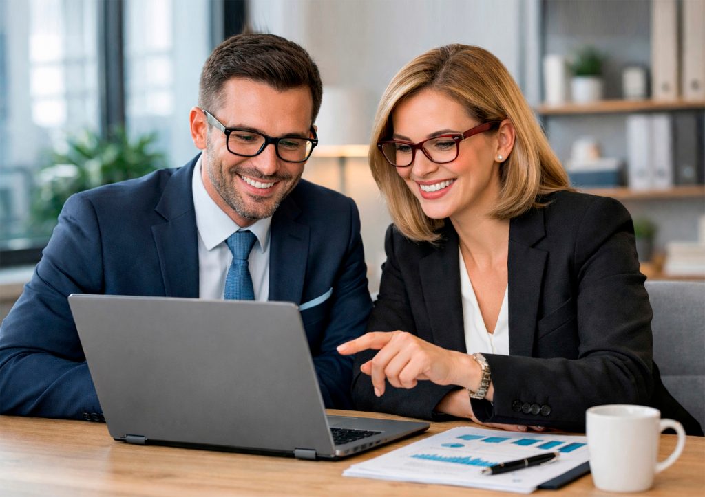 Un equipo de profesionales colaborando en una oficina productiva y saludable, evidenciando el bienestar organizacional a través de la comunicación efectiva y el trabajo en equipo.