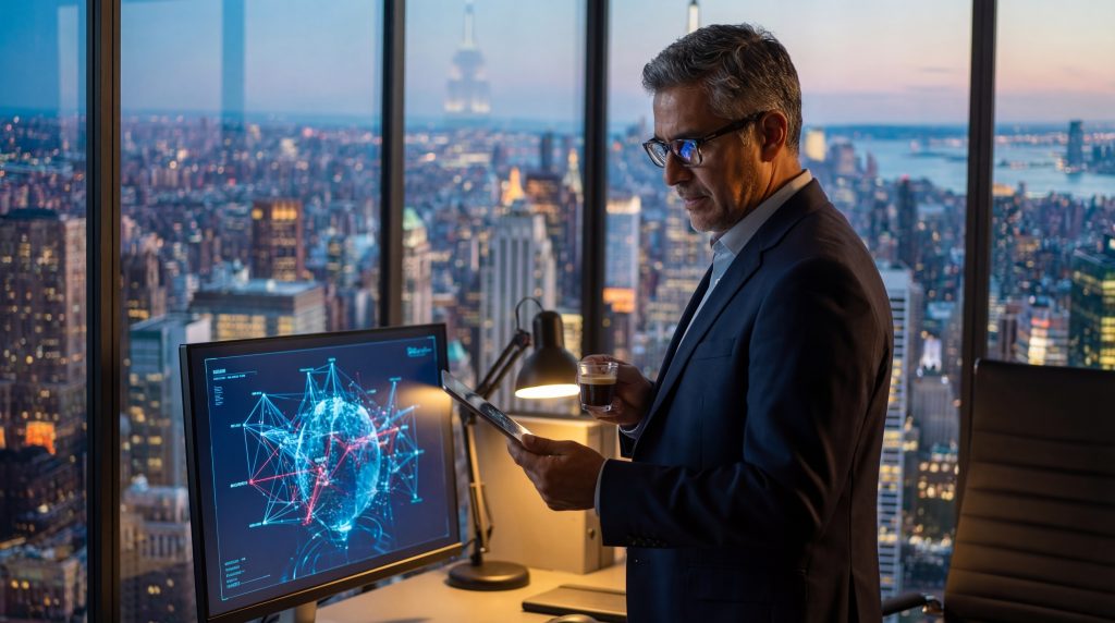 Un ejecutivo de negocios con traje azul marino, gafas y cabello canoso encarna el liderazgo estratégico mientras analiza datos globales en una tableta y un monitor en una oficina de rascacielos con vista al horizonte nocturno de la ciudad de Nueva York. Está concentrado y tiene una taza de café en la mano, lo que sugiere una jornada de trabajo extensa y dedicada.