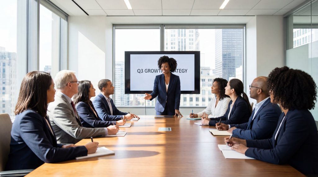 Ejercer el liderazgo estratégico en una reunión de comité ejecutivo para presentar la estrategia de crecimiento empresarial. Un equipo de profesionales senior analiza indicadores de desempeño en una sala de juntas moderna con tecnología integrada.