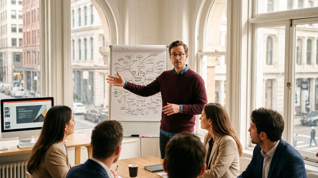 Consultor liderando una sesión de planificación estratégica y desarrollo de fortalezas con un equipo ejecutivo. En una oficina luminosa, utiliza un mapa mental (mind map) para fomentar la colaboración y el liderazgo auténtico en la toma de decisiones.
